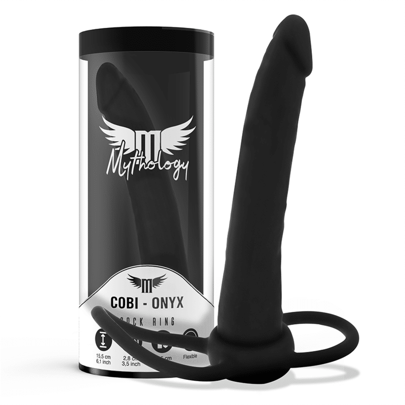 MYTHOLOGY – GODE ANAL COBI ONYX AVEC ANNEAU DE BITE ET TESTICULE 13 CM EN SILICONE